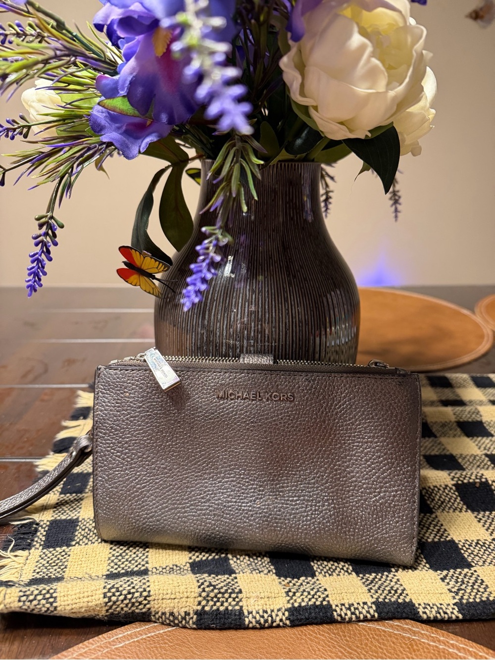 Michael Kors Metallic Pewter Pebbled Leather Wristlet